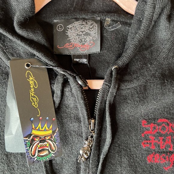 ED HARDY L Hooded Wool Blend Zip Knit Sweater Cardigan Scull LOVE KILLS SLOWLY - Picture 10 of 14